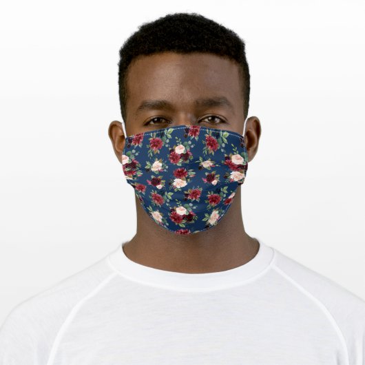 Feminine Burgundy Red Blush Navy Blue Floral Adult Cloth Face Mask (Worn)