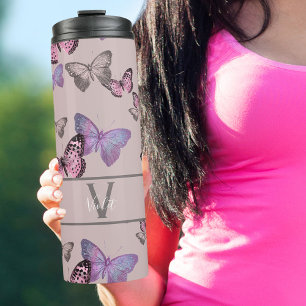 Feminine Butterflies and Monogram - Dusty Pink Thermal Tumbler