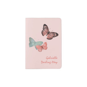 Feminine Butterflies Coral Pink Teal Personalized Passport Holder