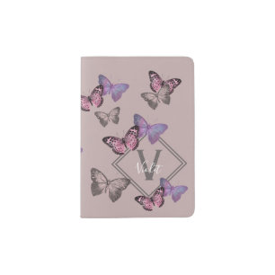 Feminine Butterfly Pattern & Monogram - Gray Pink Passport Holder