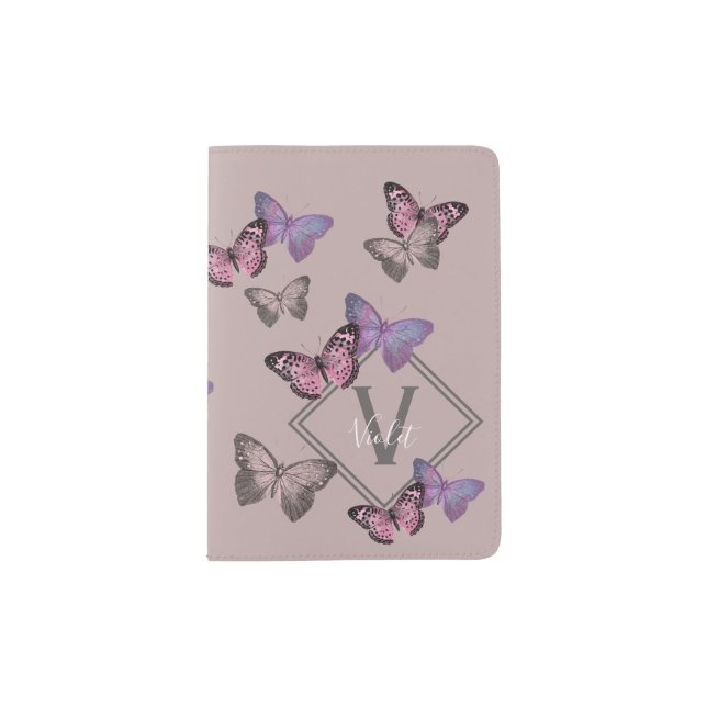 Feminine Butterfly Pattern & Monogram - Gray Pink Passport Holder (Front)