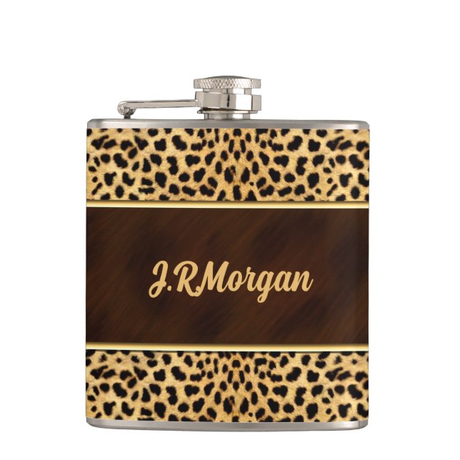 Feminine Cheetah Print with Name Flask (Front)