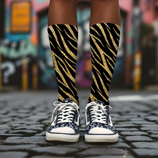 Feminine Chic Luxury Black Gold Classy Zebra Print Socks (Creator Uploaded)