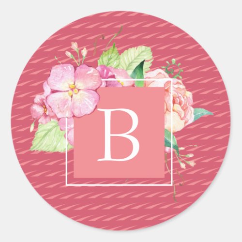 Feminine Chic Monogrammed Initial Abstract Floral Classic Round Sticker
