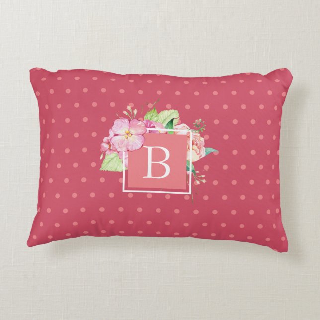Feminine Chic Monogrammed Initial Pink Dot Floral Accent Pillow (Back)