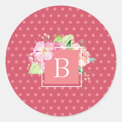 Feminine Chic Monogrammed Initial Pink Dot Floral Classic Round Sticker
