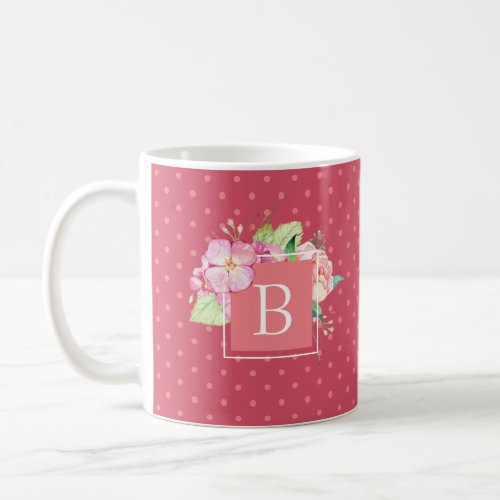 Feminine Chic Monogrammed Initial Pink Dot Floral Coffee Mug