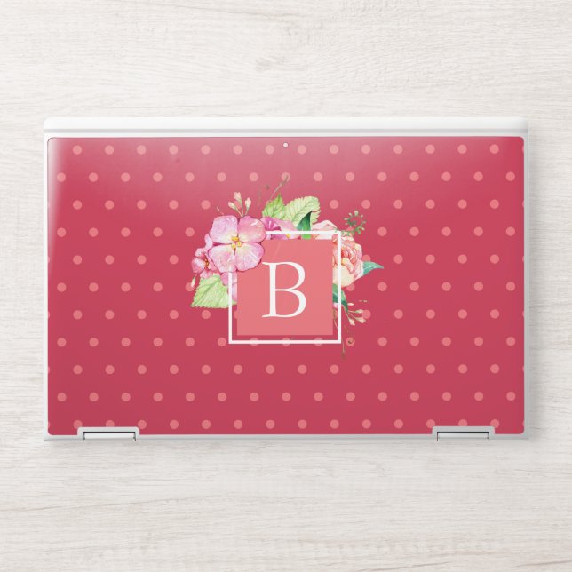 Feminine Chic Monogrammed Initial Pink Dot Floral HP Laptop Skin (Front)