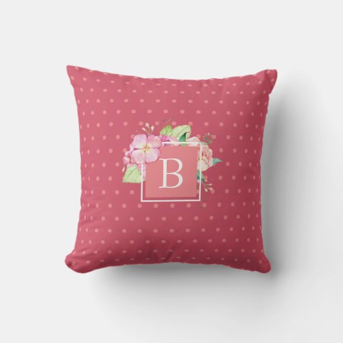 Feminine Chic Monogrammed Initial Pink Dot Floral Throw Pillow