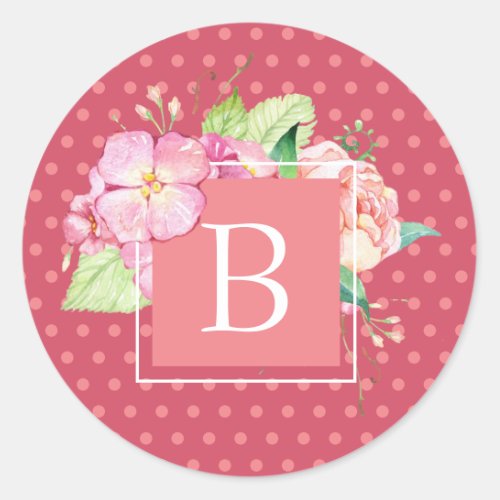 Feminine Chic Monogrammed Large Initial Dot Floral Classic Round Sticker