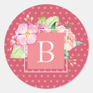 Feminine Chic Monogrammed Large Initial Dot Floral Classic Round Sticker