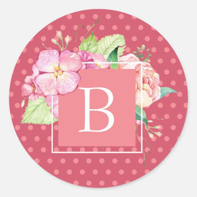 Feminine Chic Monogrammed Large Initial Dot Floral Classic Round Sticker (Front)