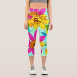 Feminine colorful floral Blue background cute Capri Leggings