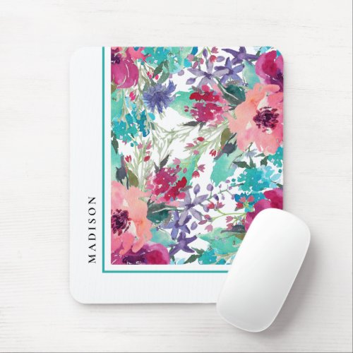 Feminine Colorful Watercolor Floral Pattern Mouse Pad