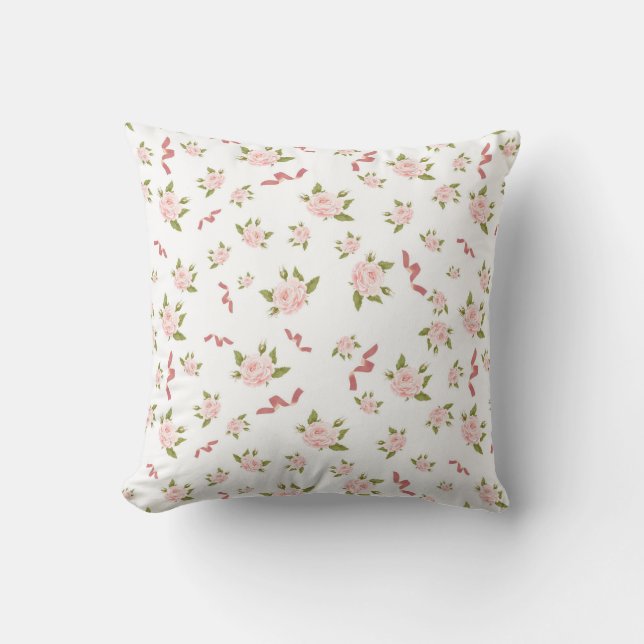 Feminine Coquette Aesthetic Floral Pink Ribbon  Throw Pillow (Front)
