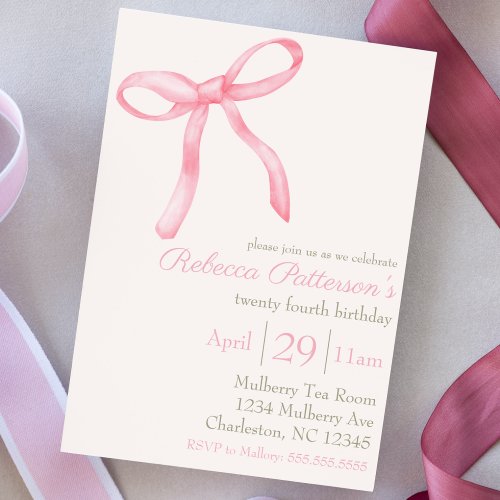 Feminine Coquette Watercolor Pink Cute Bow Invitation