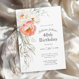 Feminine Coral Peach Floral 40th Birthday Invitation
