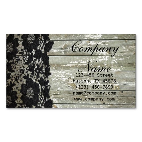 Feminine country chic black lace barn wood business card magnet