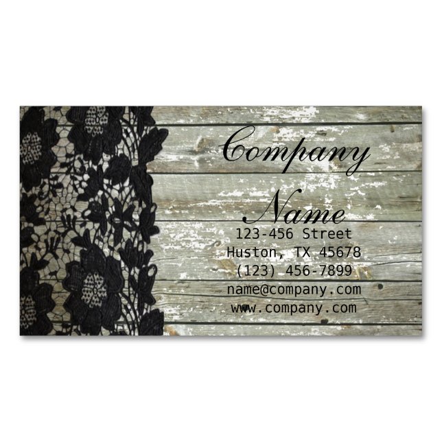 Feminine country chic black lace barn wood business card magnet (Front)