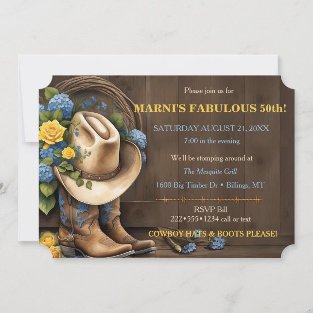 Feminine Cowboy Hat Boots Roses Wood Western Invitation (Front)
