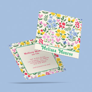 Feminine Cute Colorful Floral Hearts Typography Square Business Card