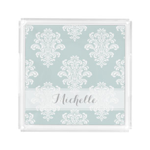 Feminine Damask Pattern Monogram Acrylic Tray