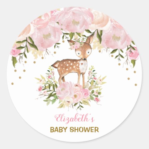 Feminine Deer Baby Shower Blush Pink Floral Favors Classic Round Sticker