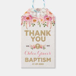 Feminine Dreamcatcher Pink Gold Flowers Baptism Gift Tags