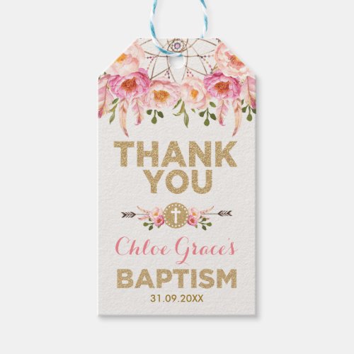 Feminine Dreamcatcher Pink Gold Flowers Baptism Gift Tags