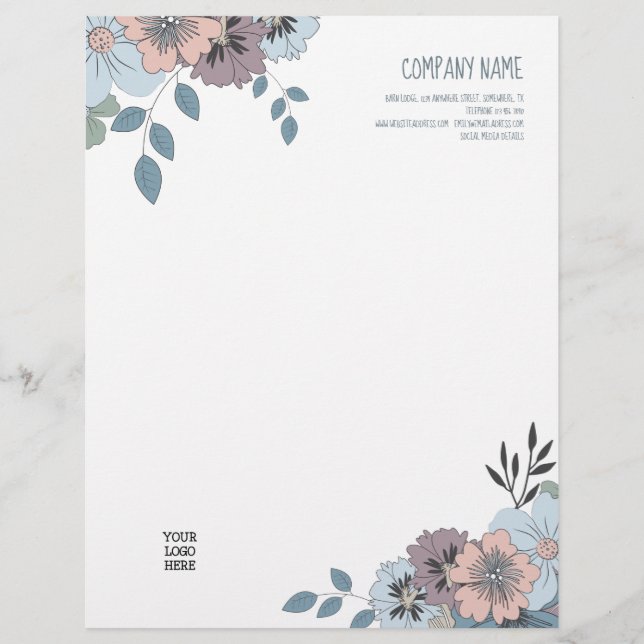 Feminine Dusty Blue Salmon Pink Florals Logo Letterhead (Front)