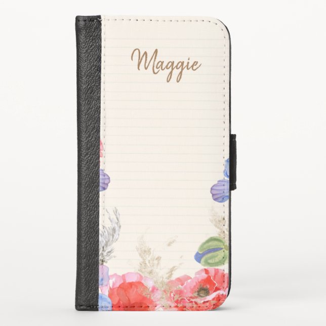 Feminine dusty flowers monogram trendy name iPhone wallet case (Front)