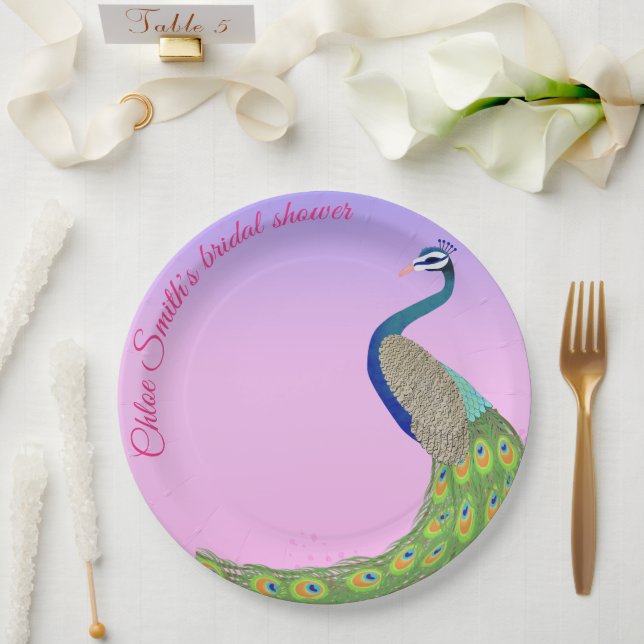 Feminine Elegant Peacock Bridal Shower Paper Plates (Wedding)