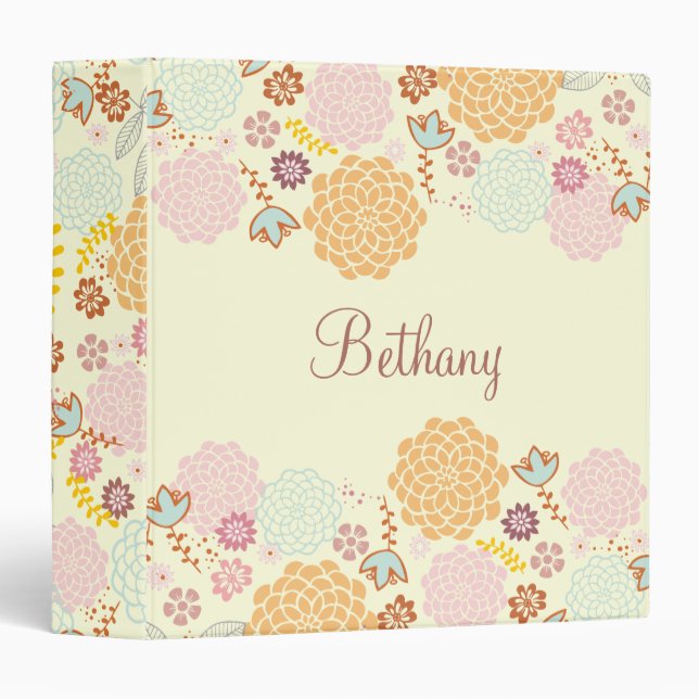 Feminine Fancy Modern Floral Personalized 3 Ring Binder (Front/Spine)