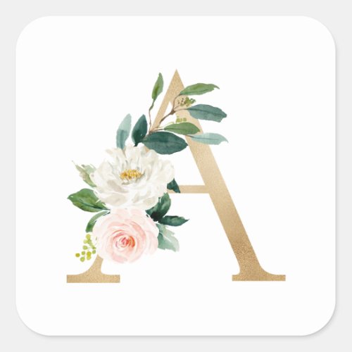 Feminine Faux Gold Foil Floral Letter A Monogram Square Sticker