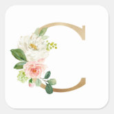 Feminine Faux Gold Foil Floral Letter M Monogram Square Sticker