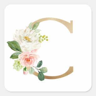 Feminine Faux Gold Foil Floral Letter C Monogram Square Sticker