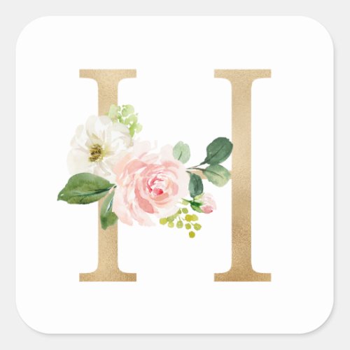 Feminine Faux Gold Foil Floral Letter H Monogram Square Sticker