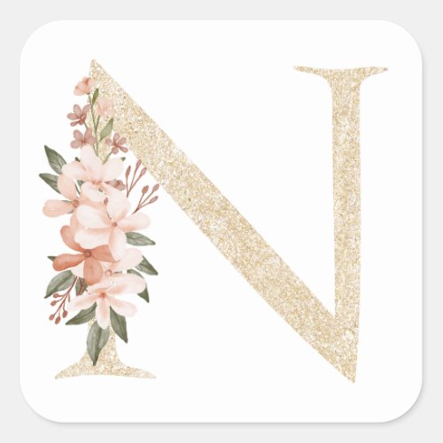 Feminine Faux Gold Foil Floral Letter N Monogram Square Sticker