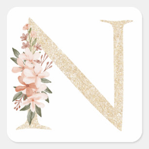 Feminine Faux Gold Foil Floral Letter N Monogram Square Sticker