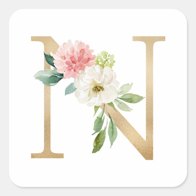 Feminine Faux Gold Foil Floral Letter N Monogram  Square Sticker (Front)