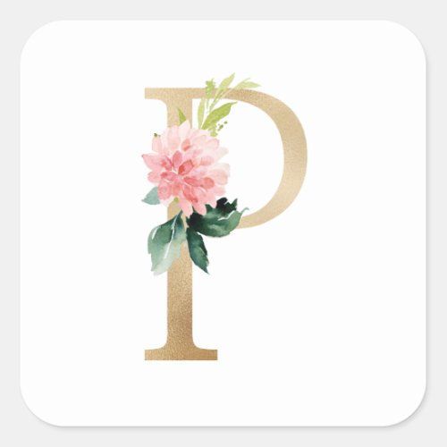 Feminine Faux Gold Foil Floral Letter P Monogram Square Sticker