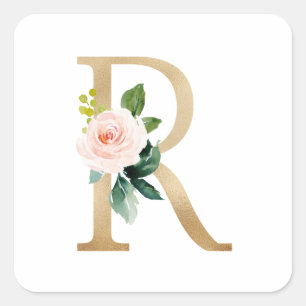 Feminine Faux Gold Foil Floral Letter R Monogram  Square Sticker