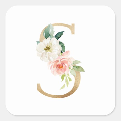 Feminine Faux Gold Foil Floral Letter S Monogram Square Sticker