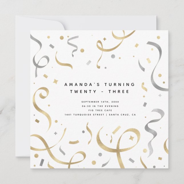 Feminine Faux Gold & Silver Modern Adult Birthday Invitation (Front)
