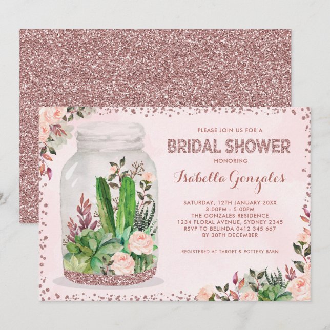 Feminine Fiesta Bridal Shower Floral Terrarium Invitation (Front/Back)
