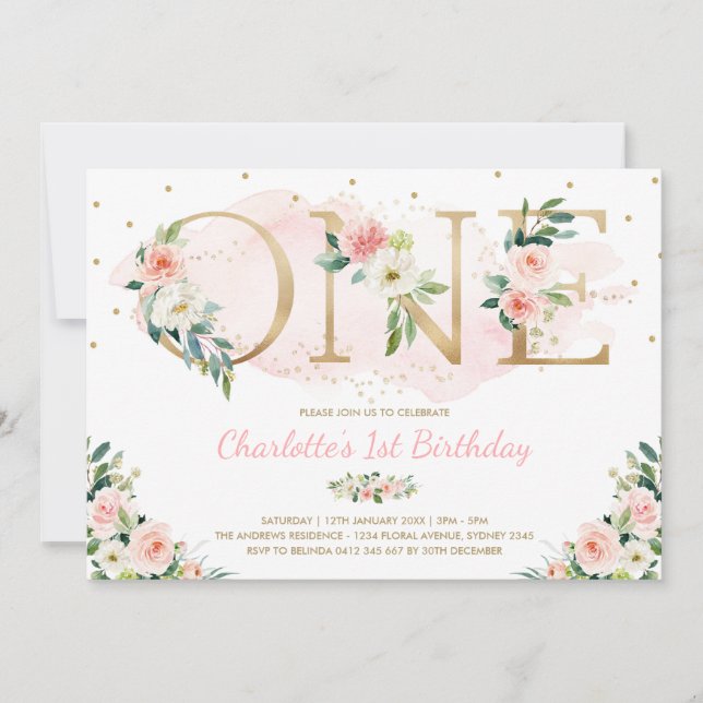 Feminine Floral 1st Birthday Blush Pink Flowers Invitation (Front)