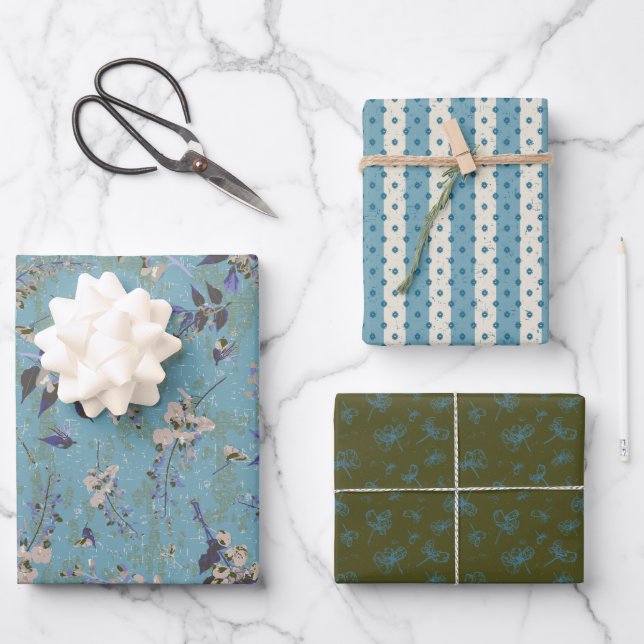 Feminine Floral and Stripes Wrapping Paper Sheets (Front)