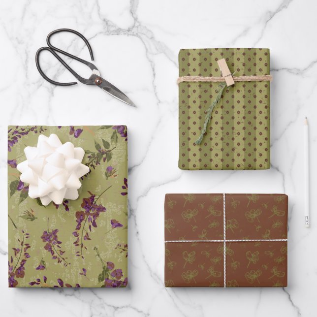 Feminine Floral and Stripes Wrapping Paper Sheets (Front)