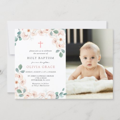 Feminine Floral Baptism Photo Invitation