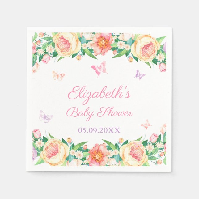 Feminine Floral Butterfly Garden Pastel Birthday Napkins (Front)
